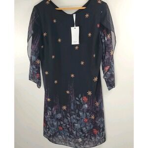 Grace Karin Black Floral Chiffon‎ Split Sleeve Shift Dress Women's Size Med NWT